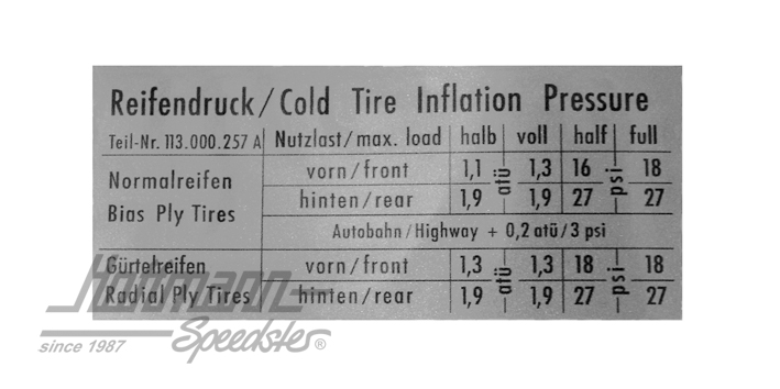 Aufkleber "Reifendruck", Käfer/Karmann Aufkleber "Reifendruck", Käfer/Karmann