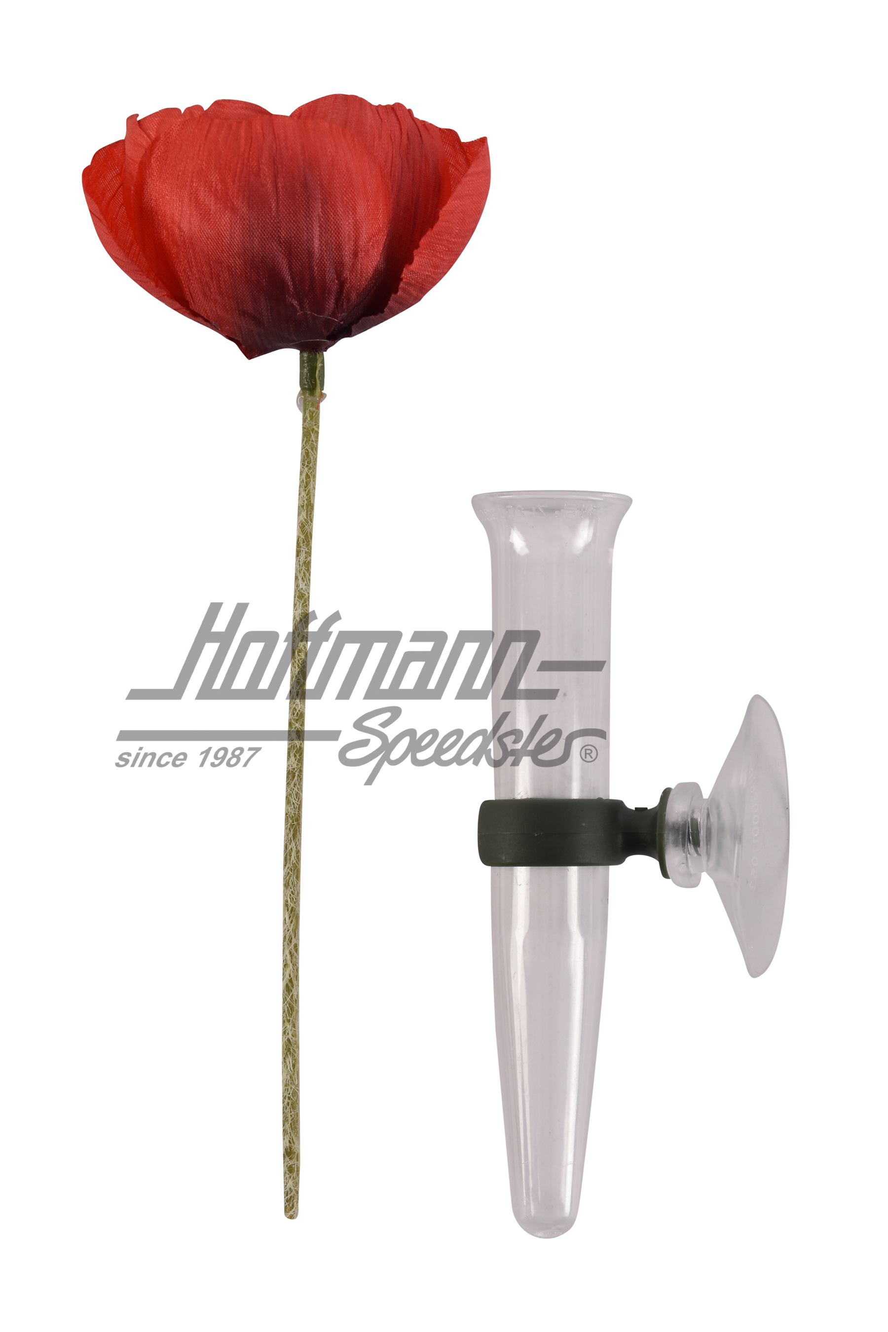 Blumenvase, Plexiglas, mit roter Blume
