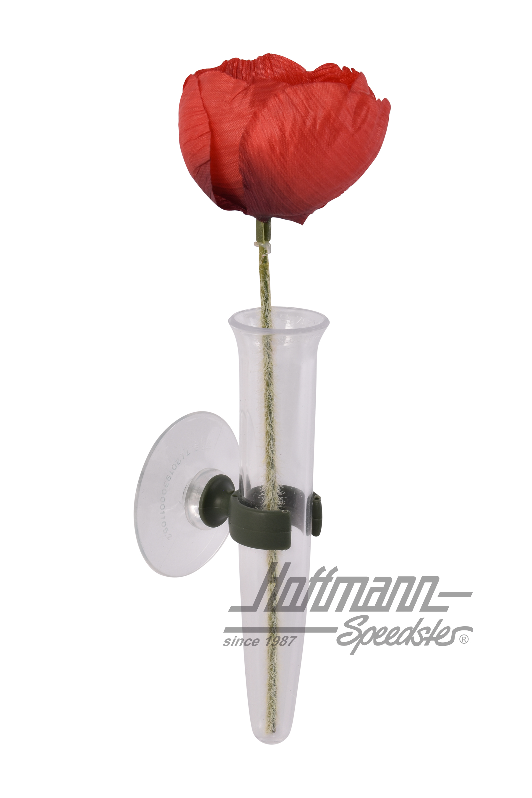 Blumenvase, Plexiglas, mit roter Blume
